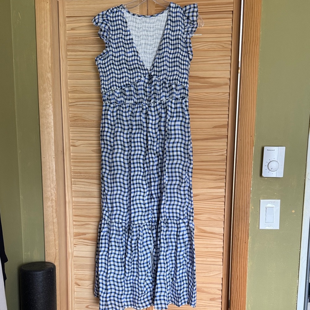 Anthropologie Blue & White Gingham Smocked Maxi Dress